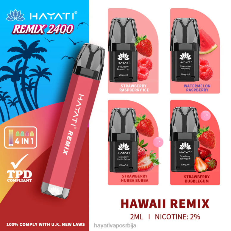 Hayati Remix систем напуњених махуна 2400 удисаја 84XDP54 хаваии ремик - Hayati Vape Review