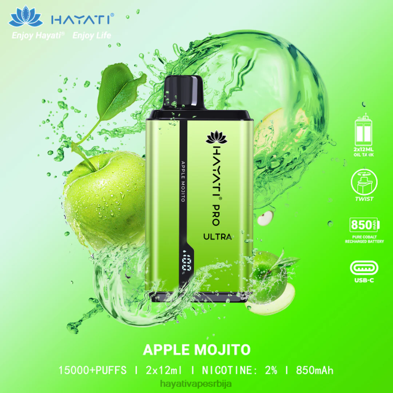 Hayati Pro Ultra за једнократну употребу 15000 пуффс 84XDP200 јабука мојито - Hayati Store Srbija