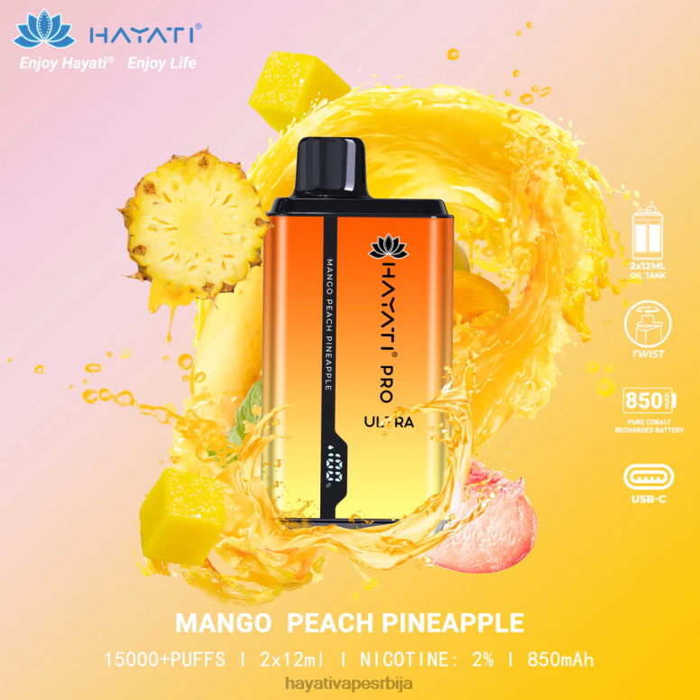 Hayati Pro Ultra за једнократну употребу 15000 пуффс 84XDP204 манго бресква ананас - Hayati Vape Review