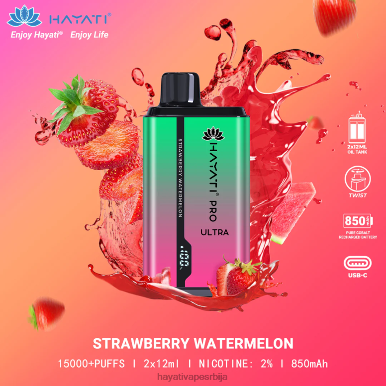 Hayati Pro Ultra за једнократну употребу 15000 пуффс 84XDP211 јагода лубеница - Hayati Vape Srbija