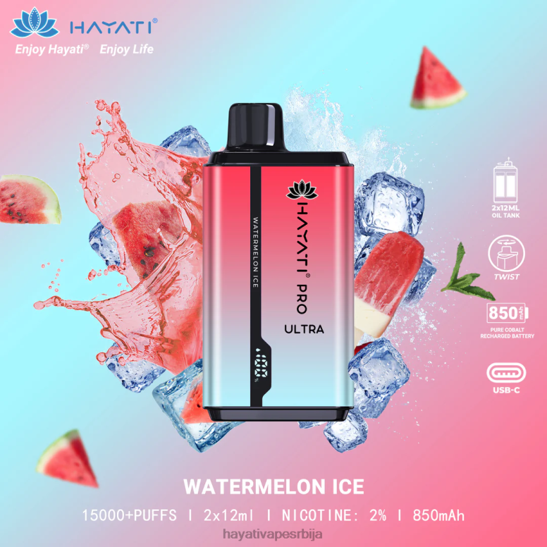 Hayati Pro Ultra за једнократну употребу 15000 пуффс 84XDP214 лед од лубенице - Hayati Vape Review